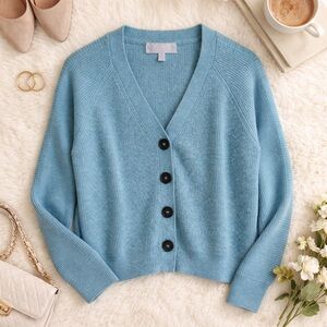 PURE Collection 100% Cashmere Teal Ribbed V-Neck Cardigan Size 2 Classic Cozy